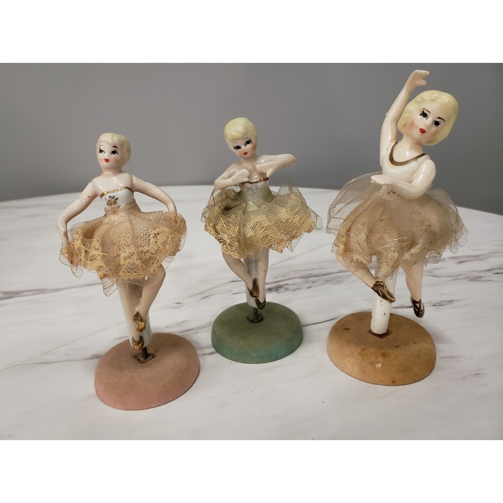 RARE LOT SPINNING 1950's‎ Vintage Victoria Ceramics Flocked Base Ballerina Japan